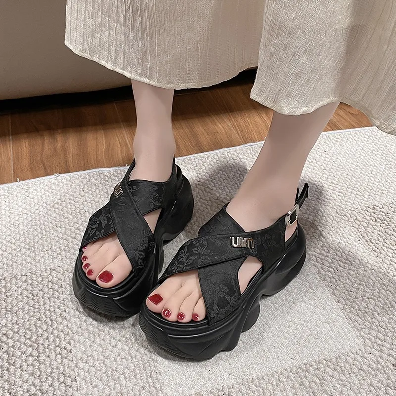 Summer Women Canvas Thick Sole Sandals New 2024 Peep Toe Flip-Flops 9CM High Platform Sandal Buckle Shoes Woman Zapatillas Mujer