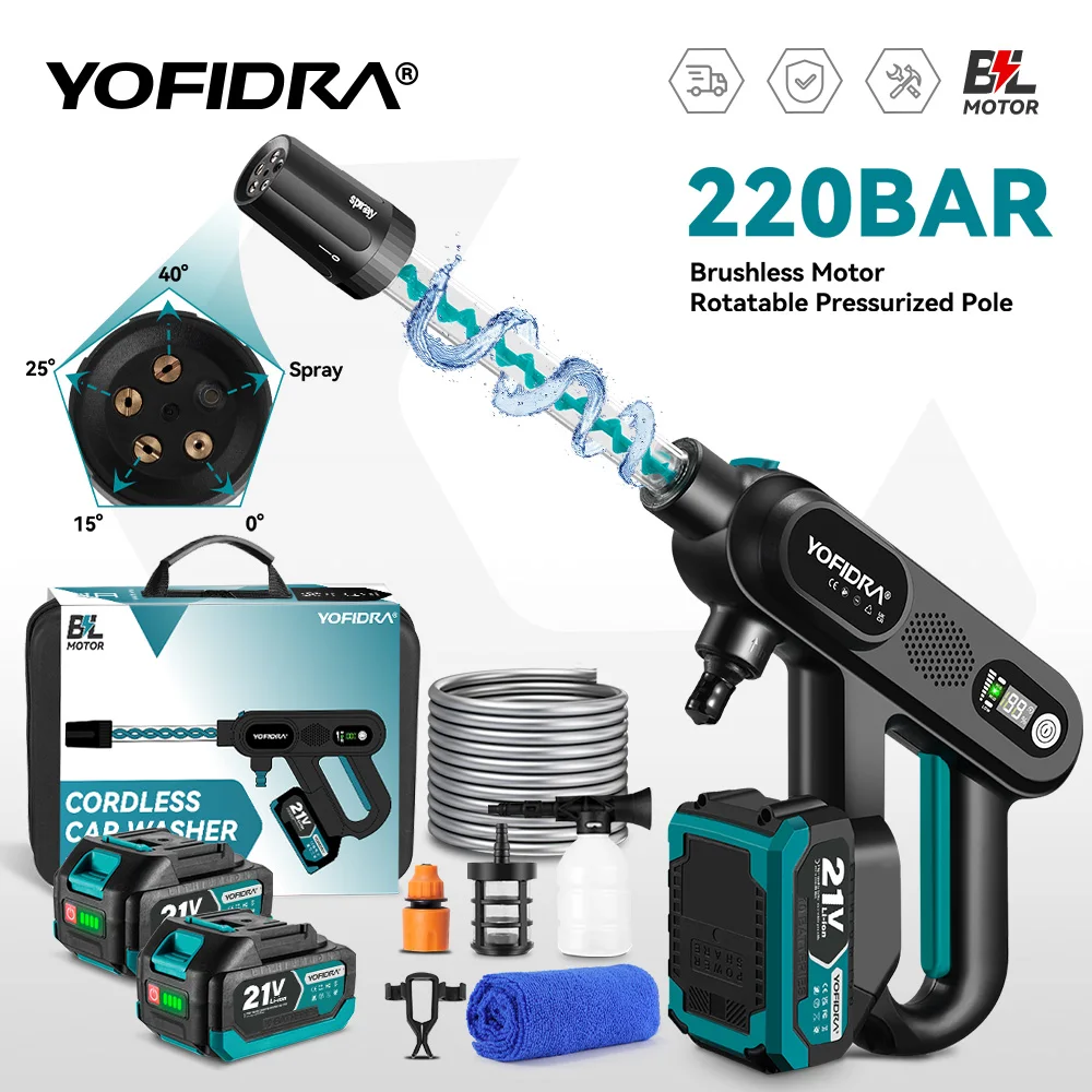 YOFIDRA 220Bar Bürstenloser elektrischer Hochdruckreiniger, Wasserspritzpistole, Haushalts- und Gartenwerkzeug für Makita-Akkus
