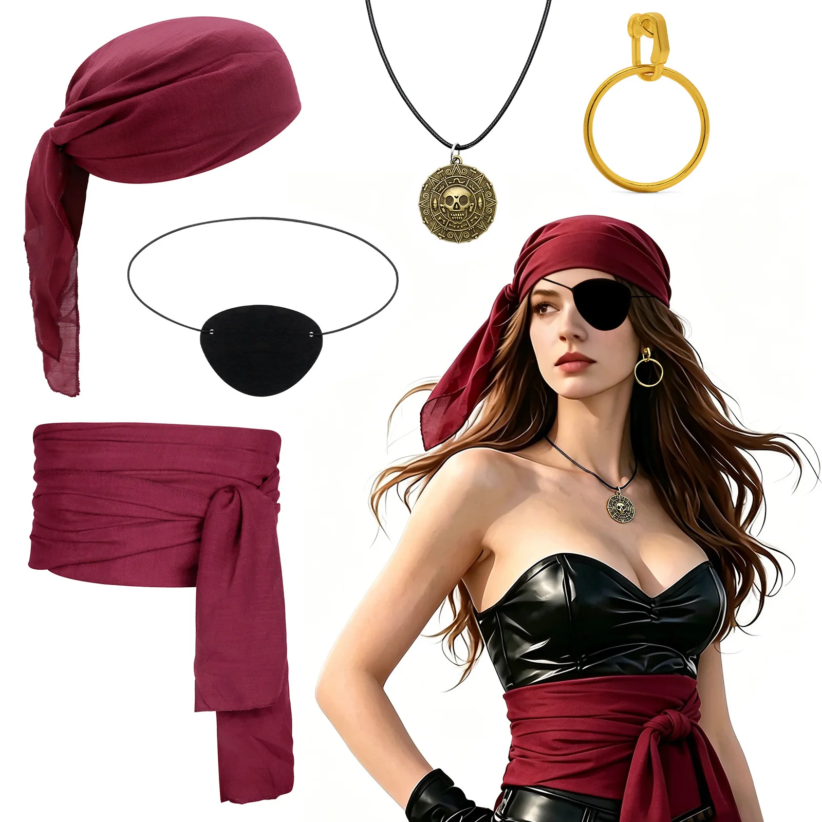 5 Pcs Pirate Costume Accessories Set Bandana Head Scarf Eye Patch Necklace Earring For Women Men Cosplay Party
