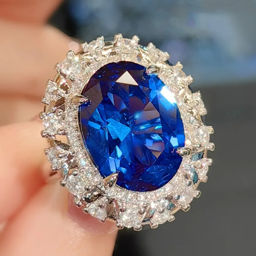 

Кольца с крупными синими топазами, сапфирами и бриллиантами (8 карат) для женщин, серебро 925 пробы, для коктейльных вечеринок, роскошные ювелирные украшения