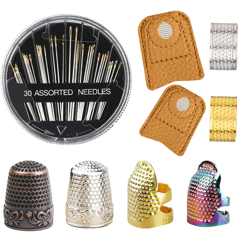 Retro Metal Sewing Thimble Ring Kit Leather Fingertip Finger Protector For Stitching Needles Accessories DIY Sewing Tool Set