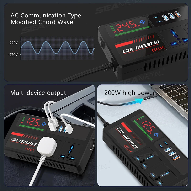 SEAMETAL 200W Car Power Inverter DC 12V/24V to AC 220V Car Plug Adapter Outlet with 5-USB Ports Phone Charger Car ​Converter