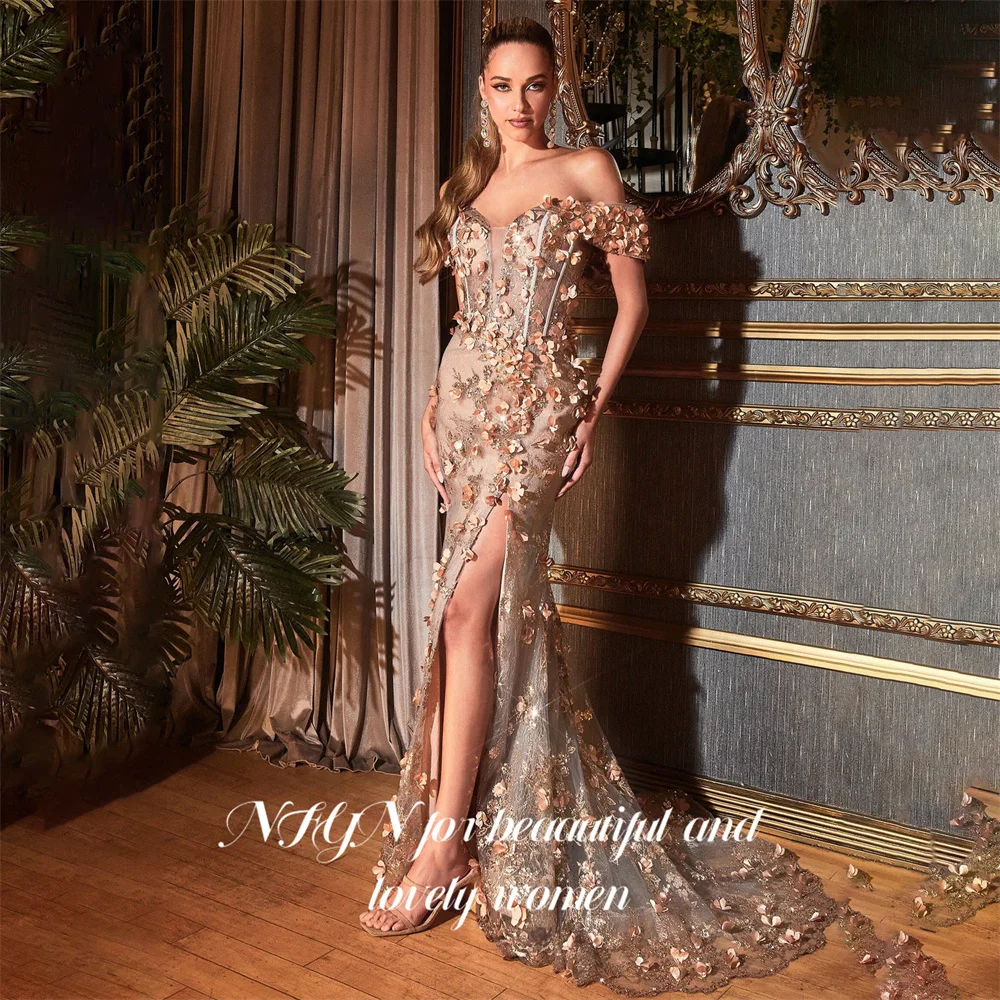 

NFYN Elegant Off the Shoulder Prom Dress Shiny Applique Celebrity Dress Pleating Side Split Mermaid Evening Dresses Customized