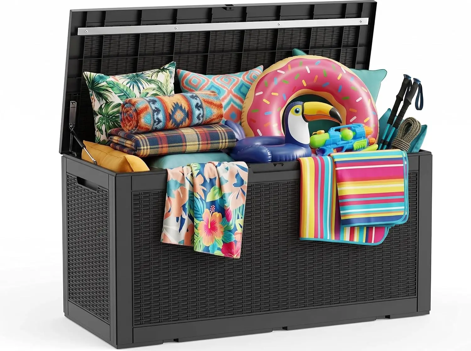 Large Outdoor Deck Storage Box, Lockable Waterproof Resin Organizer Bench For Patio And Garden, Weather Resistant Utility Container With Soft Close Lid, Modern Yard Furniture, Black, 1 Pack