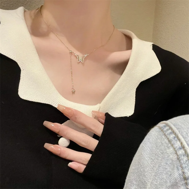 High-looking ins style animal necklace butterfly tassel set with diamonds 925 sterling silver necklace female butterfly necklace