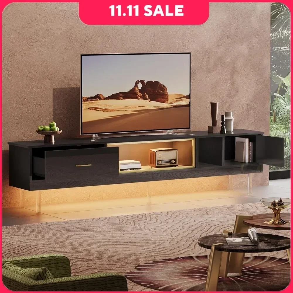 Soporte para TV con luces LED TVs de alto brillo Centro de entretenimiento con almacenamiento, cajón y gabinetes Mueble para TV moderno y largo de 80 pulgadas