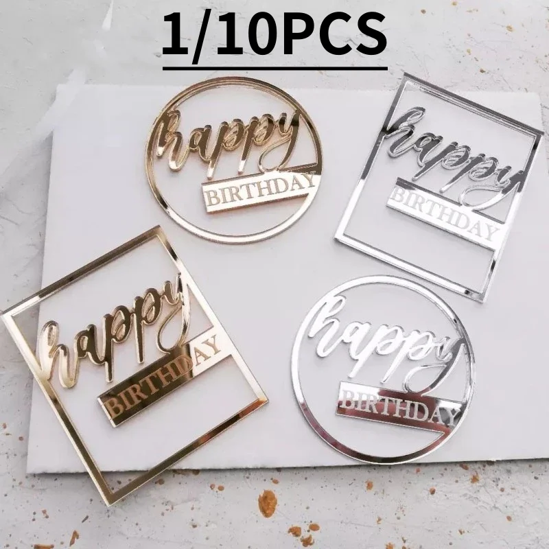 1/10 adet Akrilik Yan Yuvarlak Mutlu Doğum Günü Pastası Toppers Gül Altın Çocuklar Doğum Günü Partisi Kek Topper Bebek Duş Hediye Dekorasyon