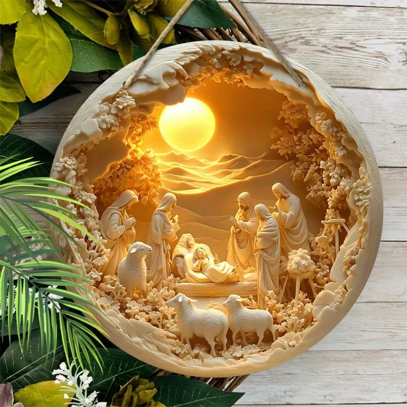 1pc 2D Nativity Scene Wooden Sign Religious Relief Effect Design Jesus Born Wreath Sign for Church Front Door Wall Hanging Decor