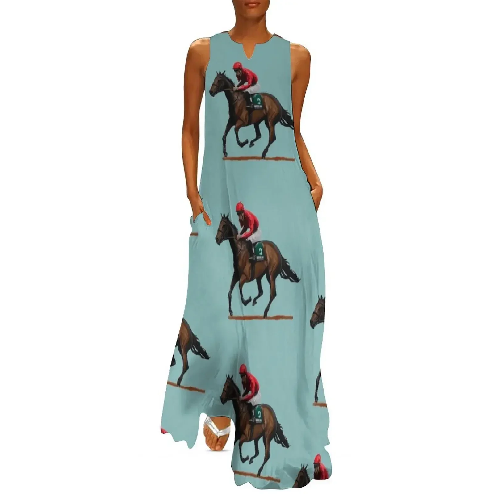 

Rider and Race Horse In Full Gallop Long Dress Women's summer dress loose women's dress Women's summer long