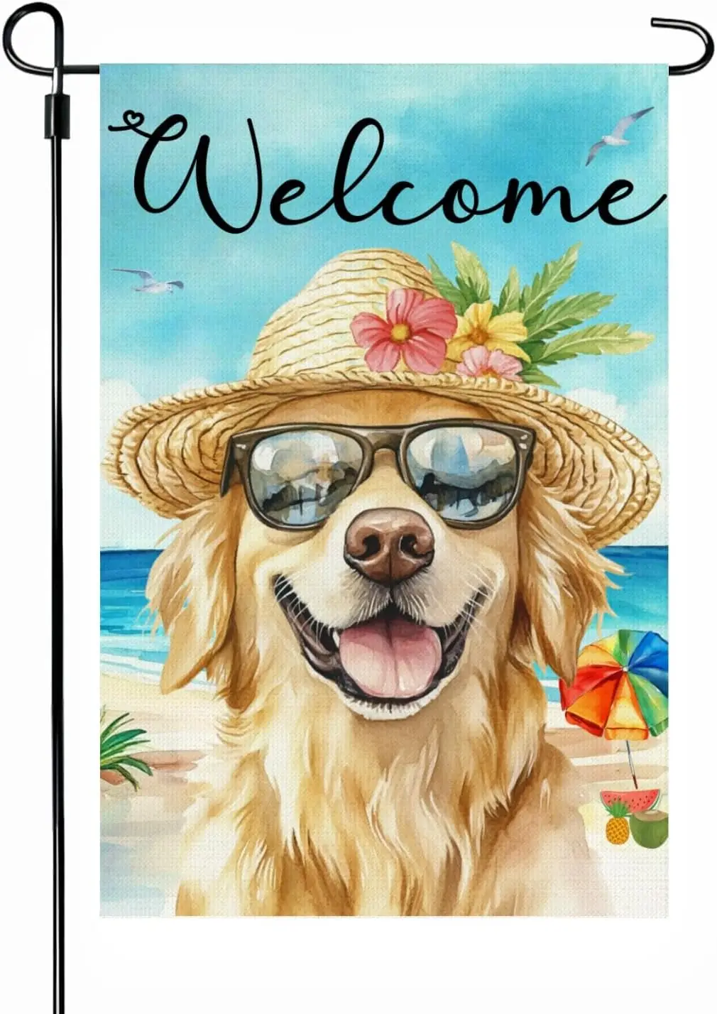 Cute Dog Welcome Garden Flag, 12 x 18 Inch Burlap Double Side Printed, Golden Retriever on Summer Beach Farmhouse Lawn Yard  SSL