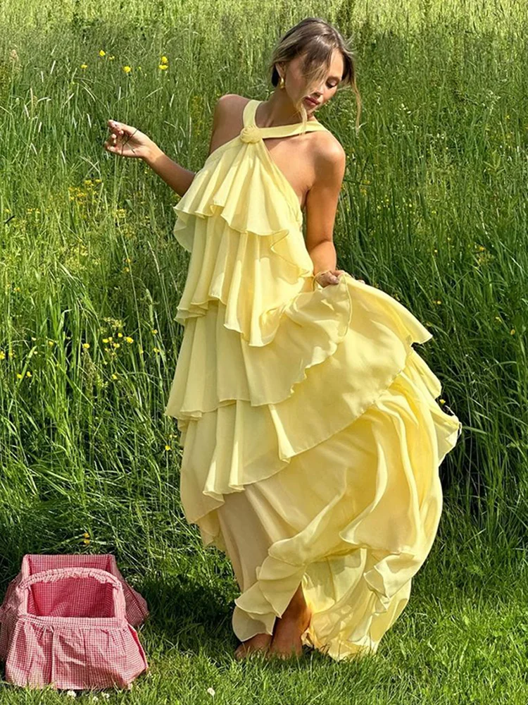Cascading Ruffles Long Dresses Elegant 3D Flower Chiffon Halter Backless Sleeveless Cake Dress 2025 Summer Lady Club Party Robes