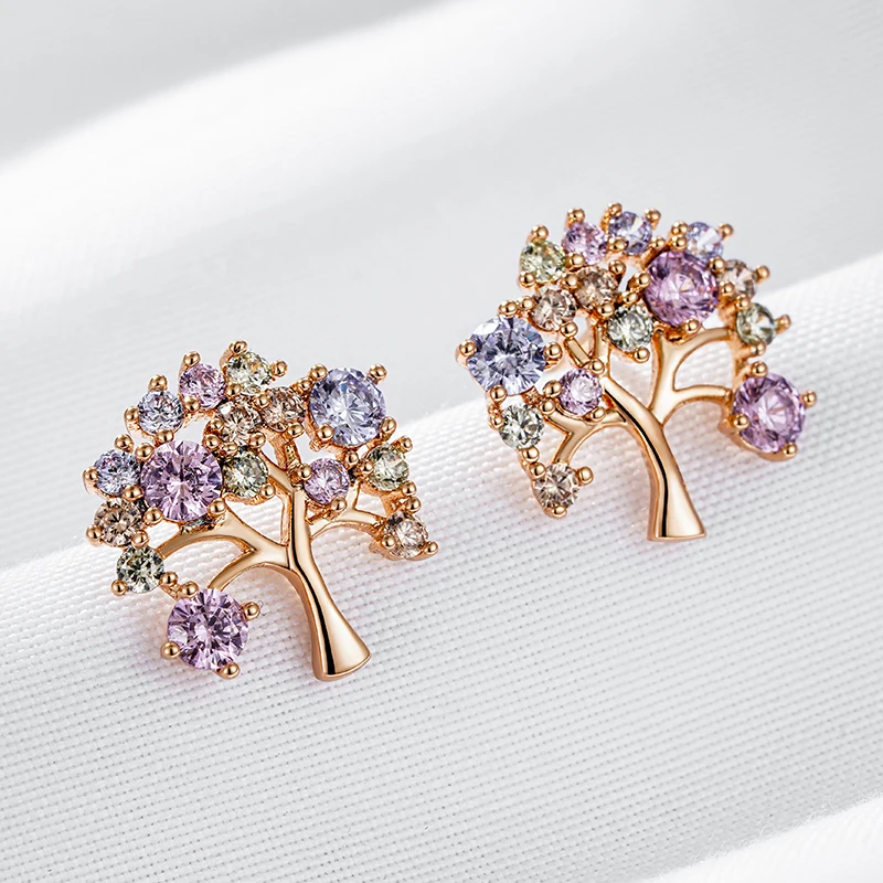 Wbmqda Fashion Colorful Lucky Tree Stud Earrings For Women 585 Rose Gold Color Exquisite Natural Zircon Jewelry 2023 Trending