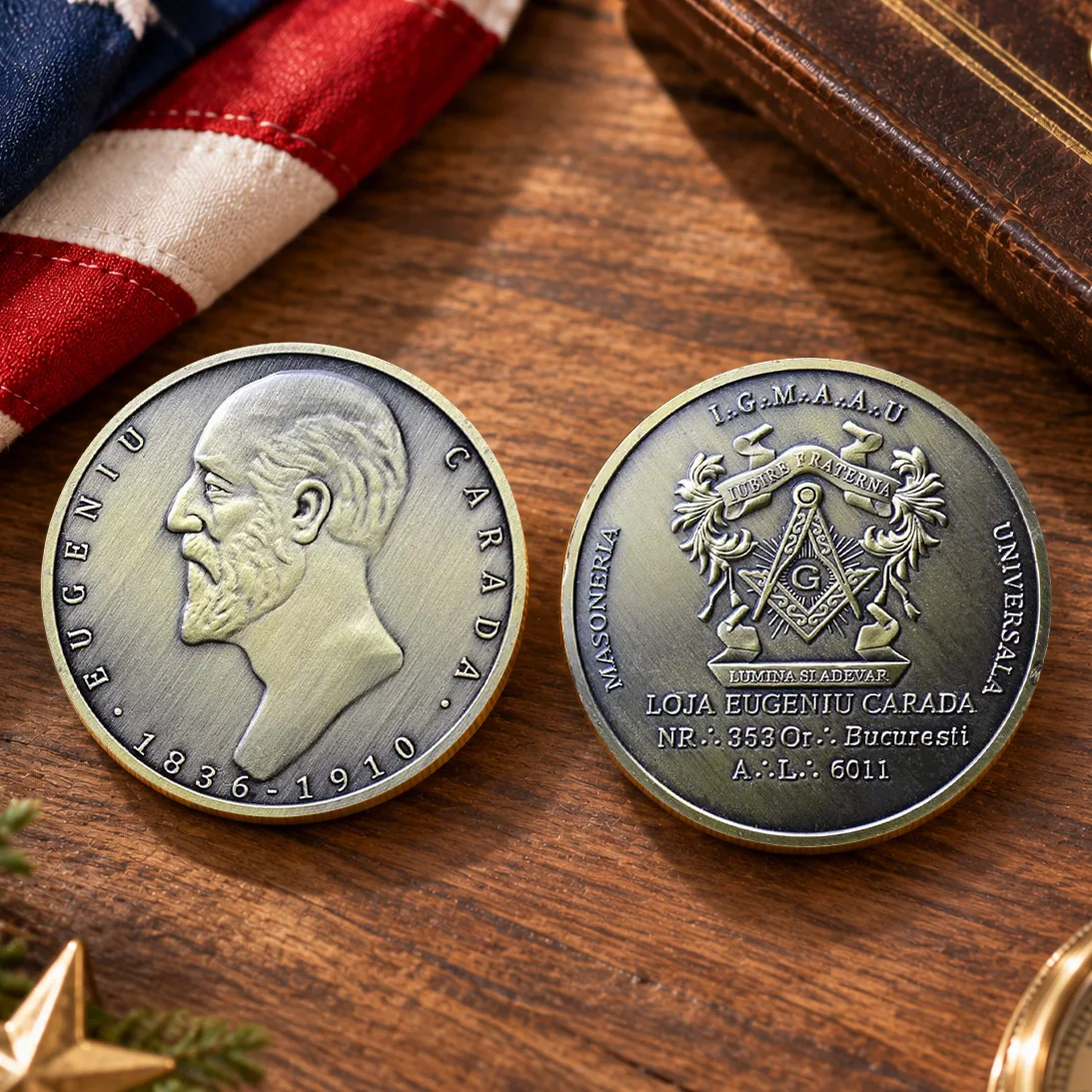 Masonic Freemasonry Eugeniu Carada Collectible Coin, Vintage Bronze Challenge Coin, Mason Symbol Souvenir Medal