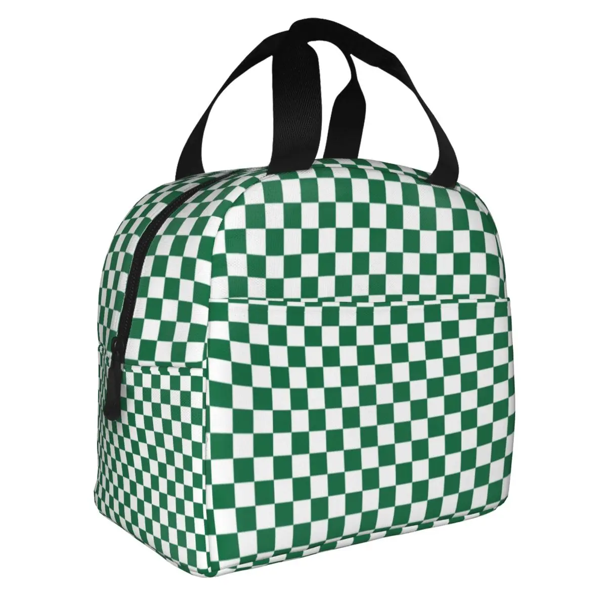 White And Cadmium Green Checkerboard Plaid Lunch Bag Men Women Cooler Thermal Insulated Lunch Boxes for School