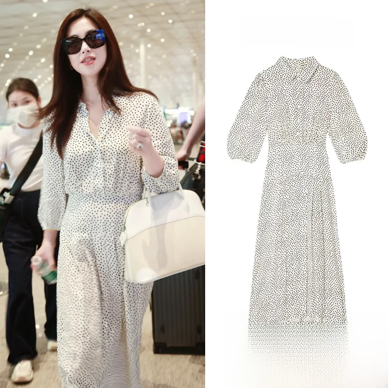 

Ele Simple White Polka Dot Waist-Cinching Dr Age-Defng irt Dr Long Dr High Waist A-Line Skirt Polyester Fiber