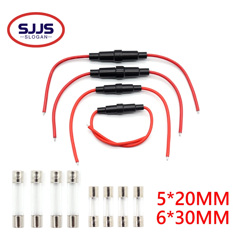 【5Set】5*20mm 6*30mm Glass Fuse Holder Screw Type 5X20mm with 22 20 18 16AWG Wire Cable 250V  Glass Fuse Tube Fuse Casing
