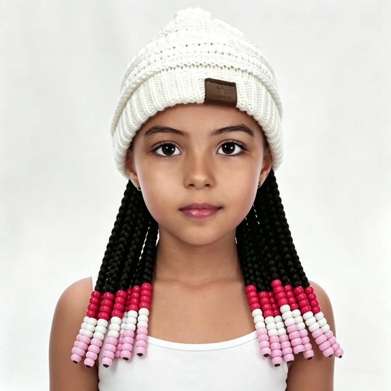 One Piece Kids Braid Wig Knit Hat, Warm Winter Beanie With Gradient Bead Tassel Box Braids, Fashion Cap For Girl Party Daily Use