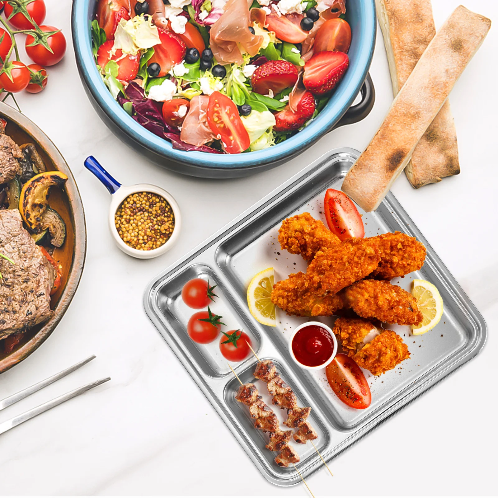 

Stainless Steel Divided Plate Food Serving Tray Multiple Compartments Breakfast Dumpling Practical Kitchen