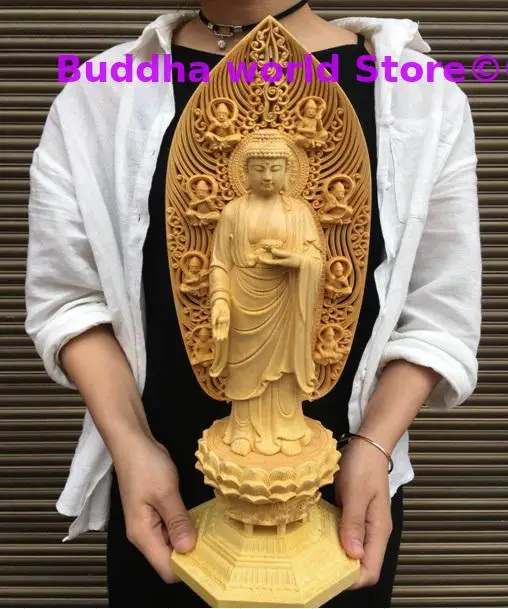 43CM Large High grade boxwood wood carving All-powerful Buddha statue home Temple efficacious bless Talisman carving Sculpture