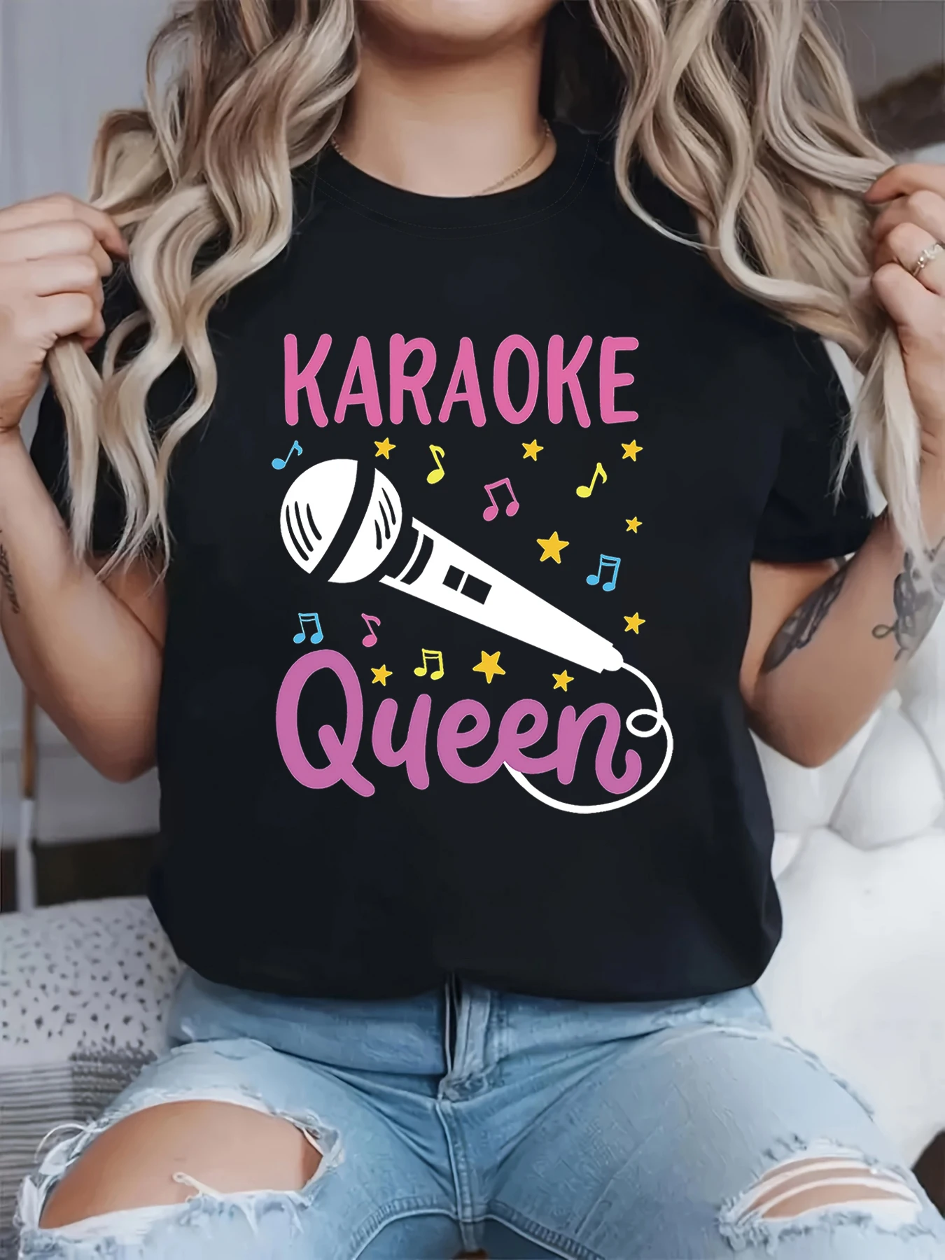 

Women's T-shirt Short Sleeve KARAOKE Queen Letter Print Crew Neck Casual Top For Summer & Spring