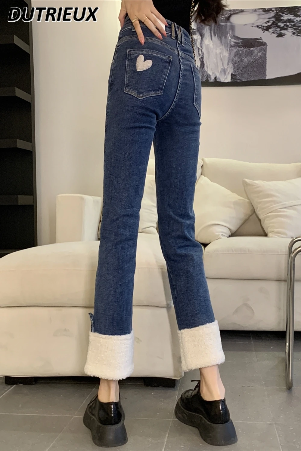 

Girl's Love Jeans Spring Autumn Winter 2023 Stitching Lamb Wool Cigarette Pants Curling Thick Straight Slimming Cropped Trousers