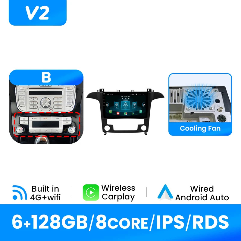 Draadloze Carplay Autoradio Speler Voor Ford S-Max 2007-2015 Android14 Auto 4G Wifi Multimedia GPS DSP 1280*720 IPS Scherm Geen 2Din