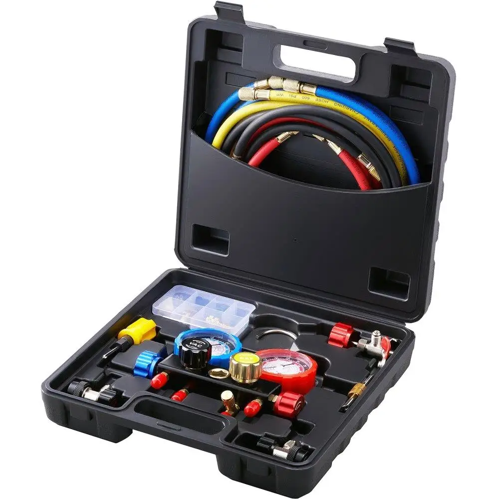 

4 Way AC Gauge - AC Manifold Gauge Set for r134a R22 R12 R410A Refrigerant, Freon Gauges with 5ft Hoses, Couplers, Can Tap