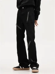 2023 Fashion original black loose micro-trumpet black jeans multi-zip design men's and women's pants