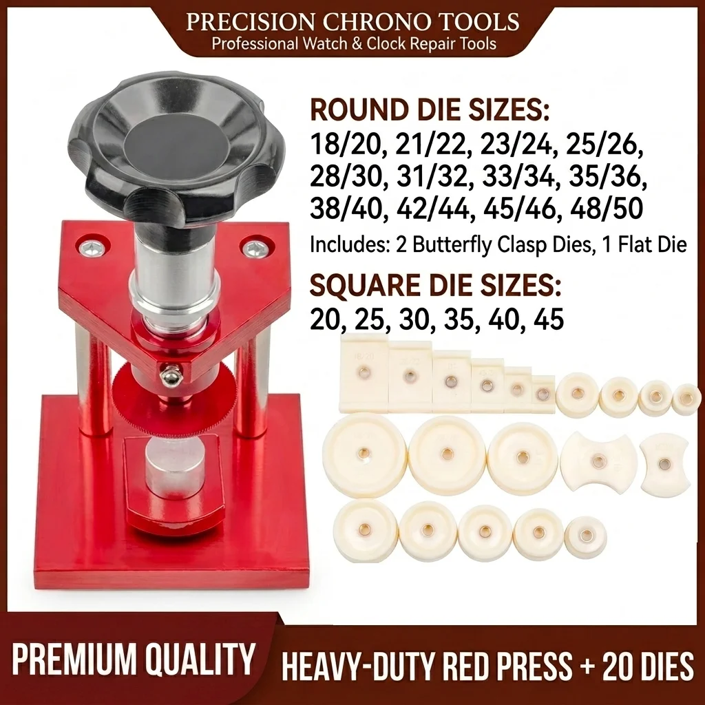 Crystal Press Tool - เครื่องมือกดฝาหลังนาฬิกาแบบสกรู เครื่องกดปิดขอบกระจกคริสตัลที่แม่นยำ พร้อมหัวกดสำหรับซ่อมนาฬิกา