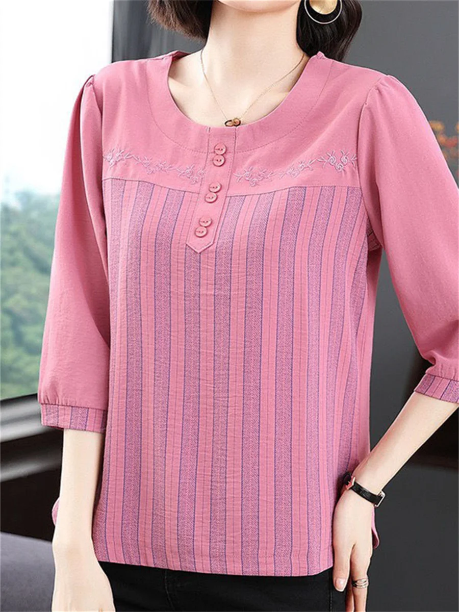 5XL Women Spring Summer Blouses Shirts Lady Fashion Casual Half Sleeve O-Neck Collar Stripe Embroidery Blusas Tops TT2245