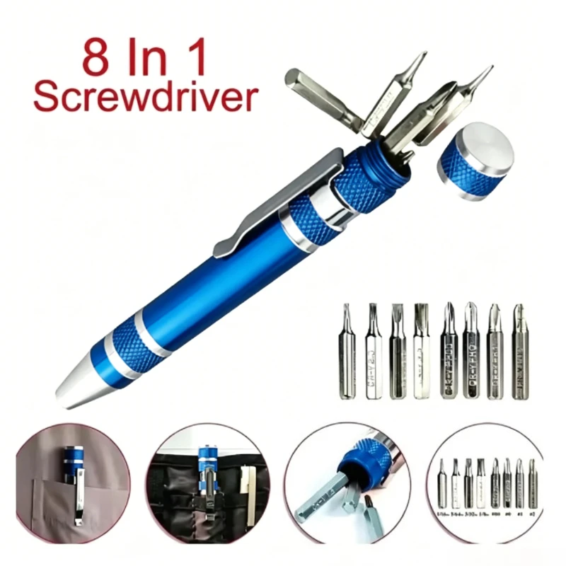 Stylo tournevis de précision 8-en-1 en aluminium, embouts magnétiques plats et cruciformes, mini-outil de réparation de poche pour lunettes, montres, téléphones et électronique