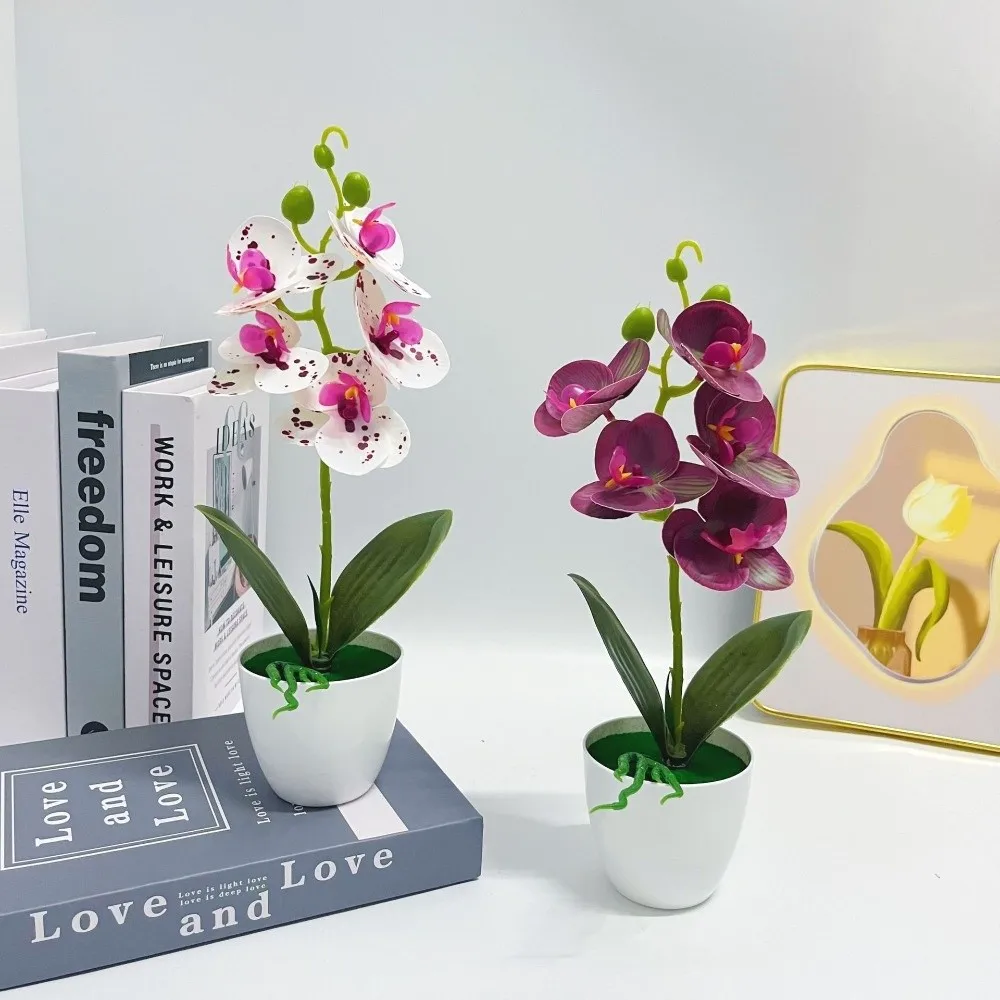 Fashion Pink Artificial Orchid Potted Flowers Multi-Bloom Simulated Plastic Fake Flower White Flower Pot Bonsai Home Decor