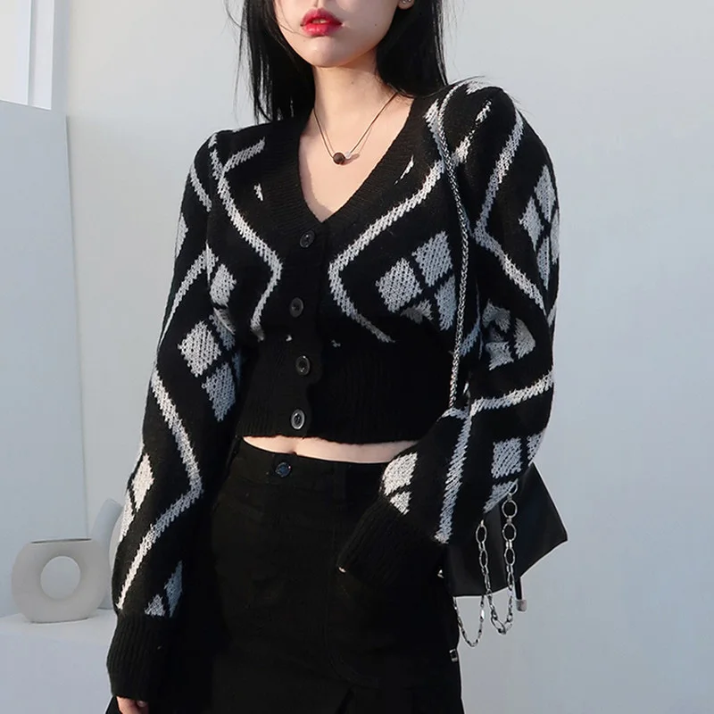 

Rimocy Spring V Neck Crop Cardigan Women 2023 Streetwear Diamond Knitting Cardigans Sweater Woman Single Breasted Sweater Top