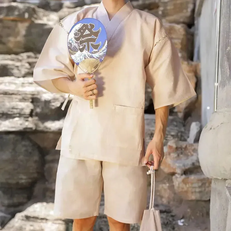 

Японский традиционный хлопковый кимоно-костюм (Дзинбэй) для мужчин: летний свободный халат-юката для сауны и дома, комплект с коротким рукавом и шортами