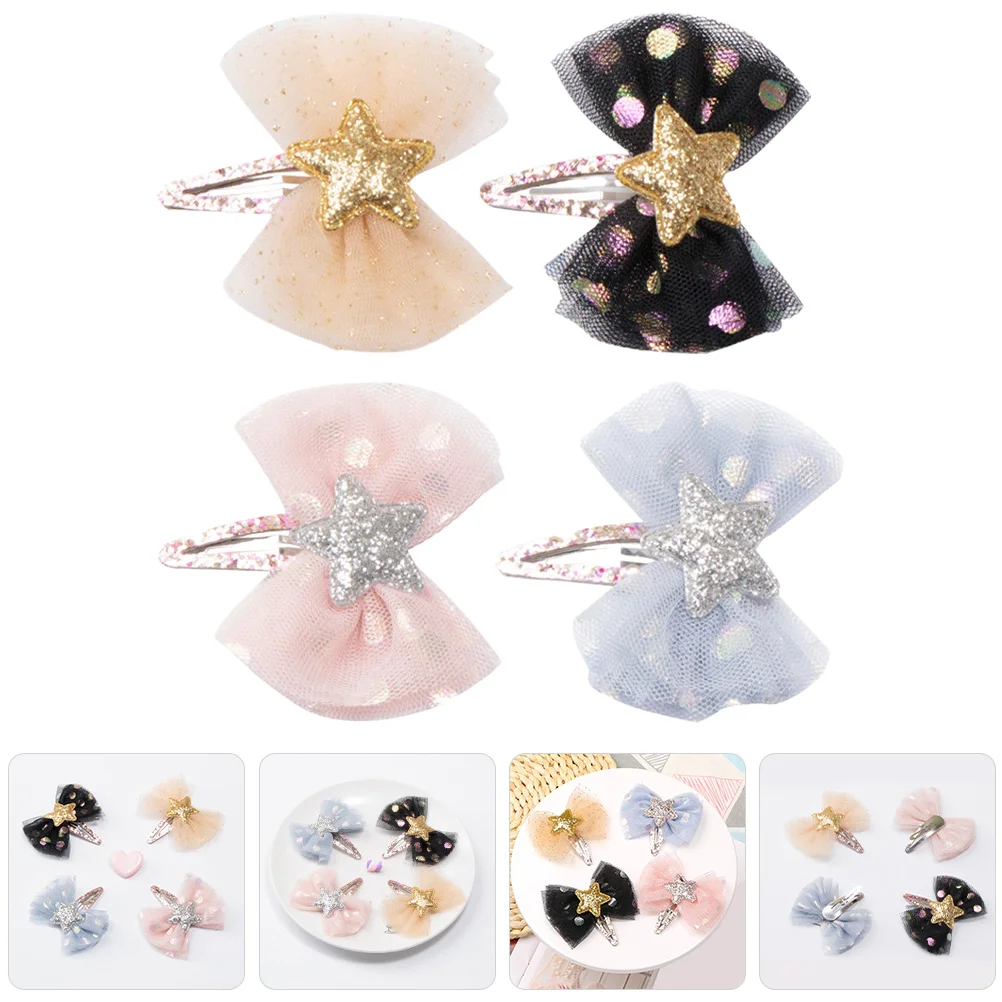 

4 шт., заколки со звездами, сетчатая вуаль с бантом, блестящие заколки для девочек, детские изысканные вечерние свадебные аксессуары для волос, банты