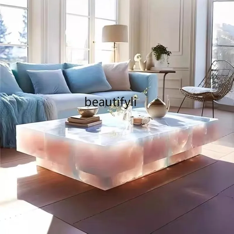 Square Ice Crack Onyx Luminous Coffee Table Tea Table for Bar Pub Restaurant 48'' 1200mm Back Lighted Translucent Furniture