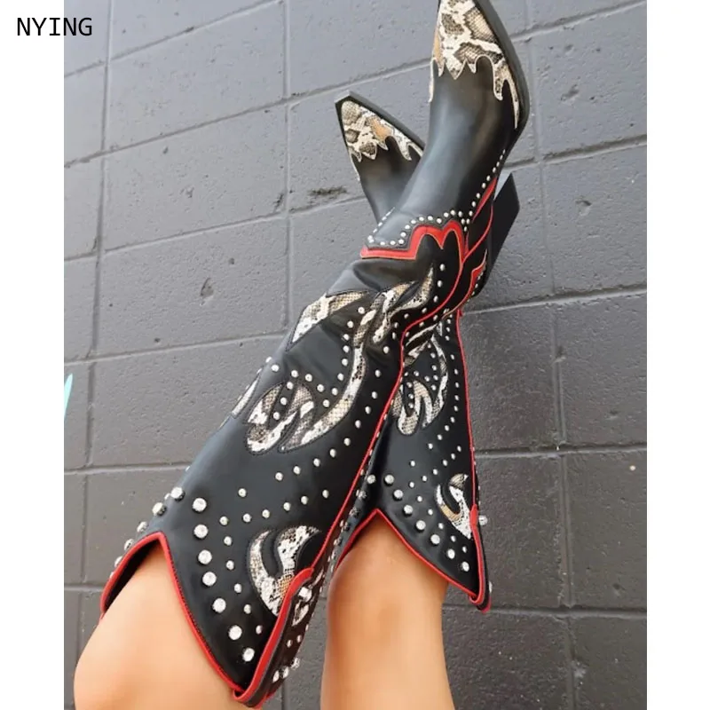 2025 г., женские сапоги до колена в стиле вестерн с вышивкой, размер 44, ковбойские сапоги-ковбойки, сапоги на массивном каблуке, женская обувь в стиле вестерн