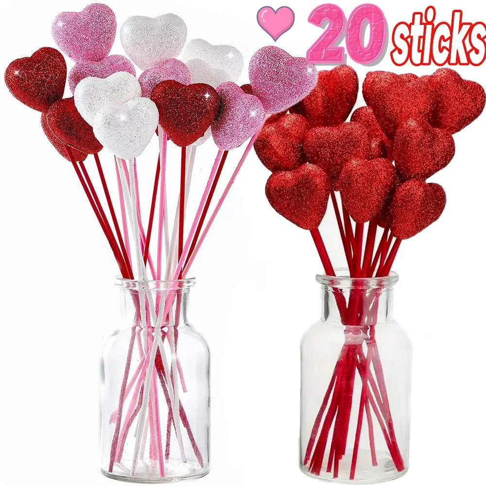 Bâtonnets de décoration en forme de cœurs en mousse scintillante, bouquet de fleurs du jour de Léon, vase pour la maison, décoration de gâteau de mariage, ornement à paillettes