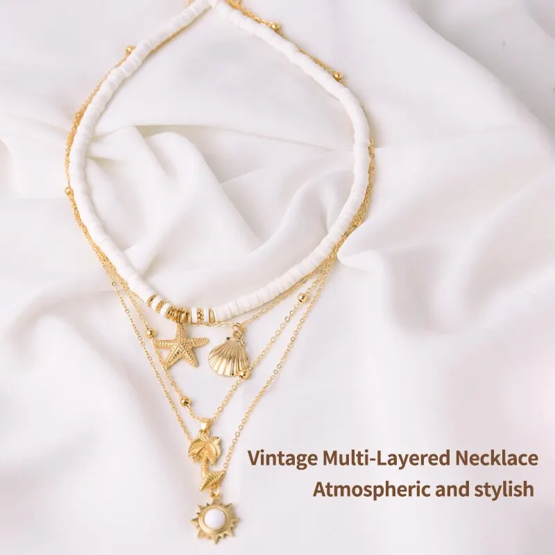 Mode Sieraden Ketting Zacht Aardewerk Zeester Schelp Hanger Vintage Zon Multi Layer Ketting