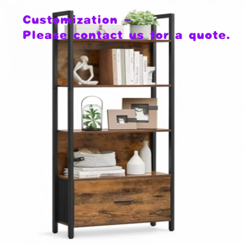 

custom.Modern 5-Tier Bookshelf Wood Panel Metal Industrial Display Standing Shelves Featuring Drawers Living Room Storage Di