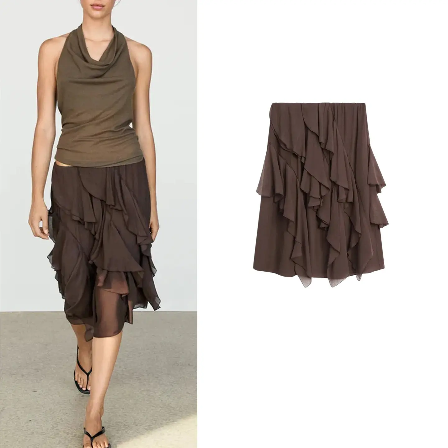Summer New Women's Salt Style Layered Hem Midi Skirt Draping Feeling Half-length Skirt 2026 Season Polyester Fiber Washed