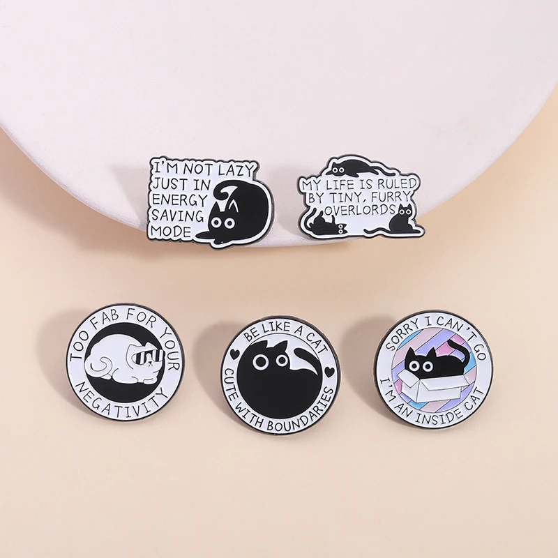 Sorry I Can't Go I'm An Inside Cat Enamel Pin Cartoon Cute Big Eyes Black Kitten Brooches Lapel Badge Jewelry Gifts For Friends