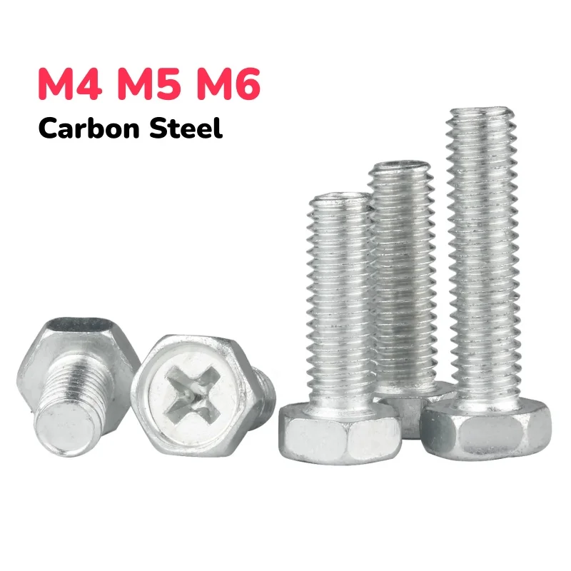 Galvanised Iron Carbon Steel M4 M5 M6 Small Head Cross Groove Recess Outer Hexagonal Screws Bolts External Hex Screw