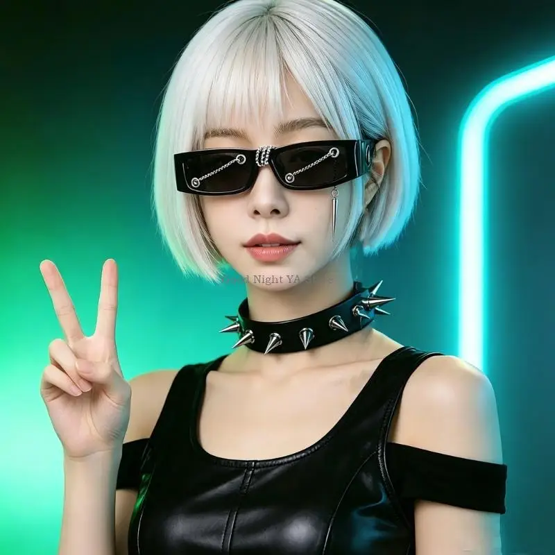

Stylish Square Frame Sunglasses With Punk Chain Rivet Decors For Music Festival And Subculture Parties Dressingup