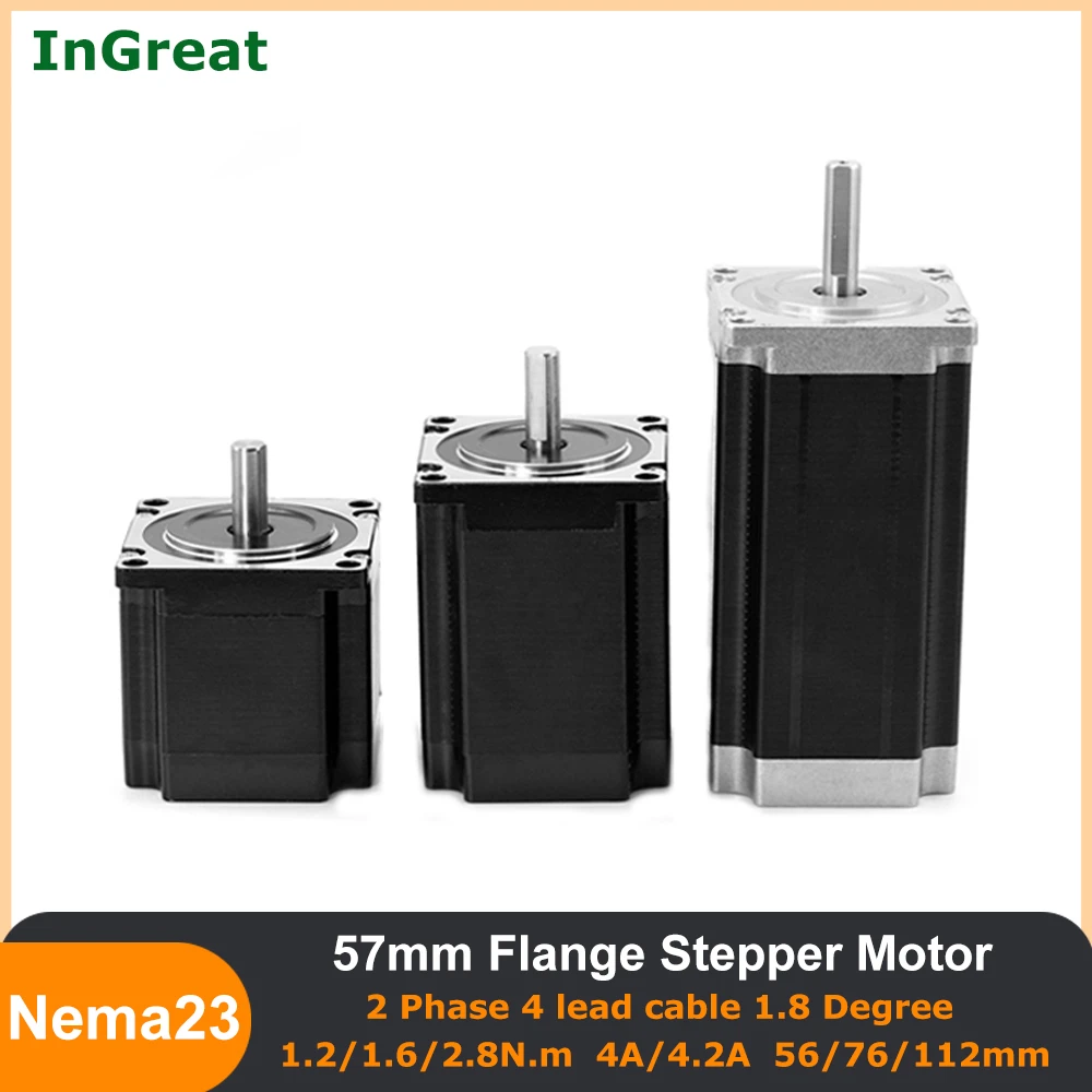 

Nema23 57 CNC Stepper Motor 56mm/76mm/112mm 2 Phase 4A 4.2A 1.2Nm-2.8Nm 1.8Degree Router Engraving Milling Machine