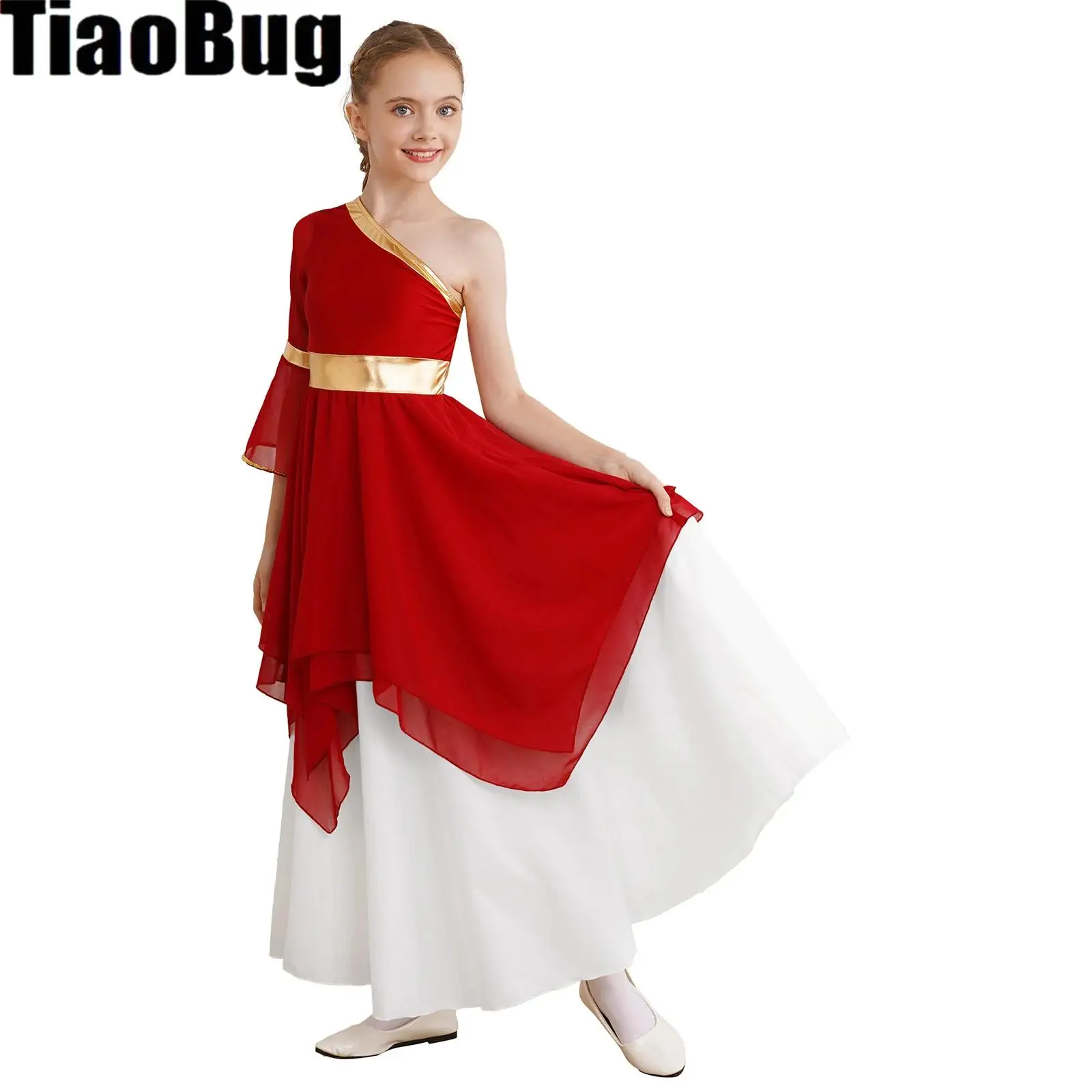

Kids Girls Praise Ballet Dress One Shoulder Metallic Color Block Patchwork Flare Sleeve Irregular Hem Dresses Stage Performance