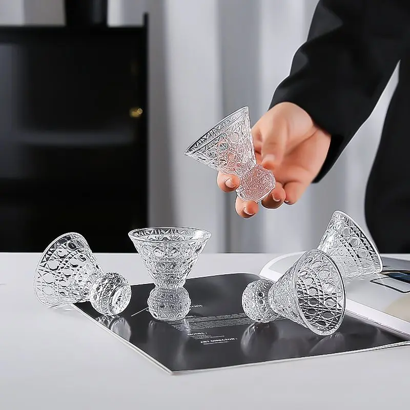 5pc Gemstone Patterned Glass Wine Glass,Triangular High-end Creative Crystal Cocktail Glass,Party Specific Embossed Mini Cup