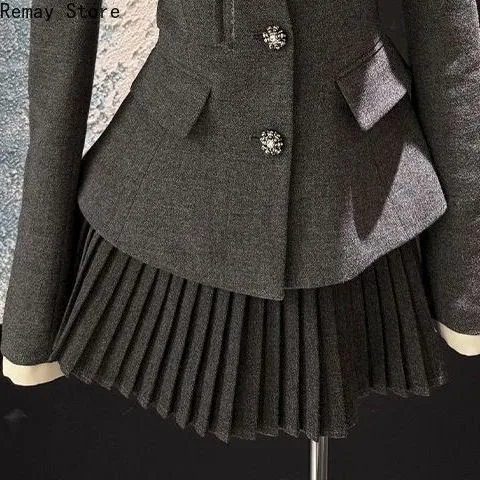 American Vintage Korean Fashion Y2k Women 2 Piece Set Gary Suit Coat + Mini Skirt Harajuku Gothic Lolita Design Slim Fit Outfits image 6
