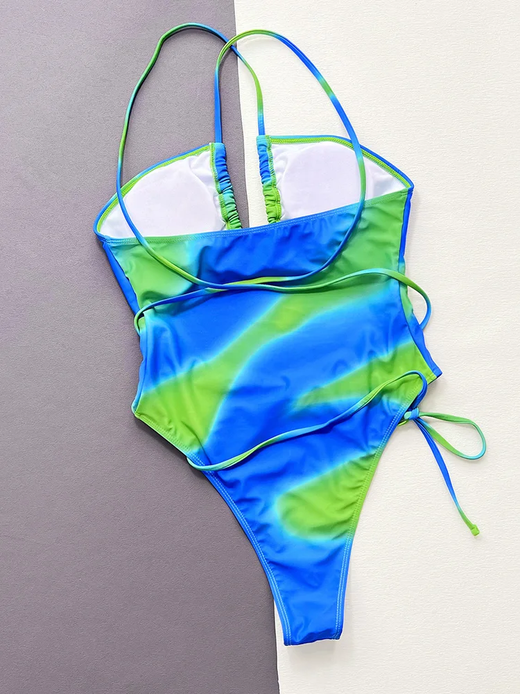 Green Blue Tie-dye Print One Piece Swimsuits Women Bikinis High Waist Swimwear Quick Drying Swimsuit Lady Beachwear