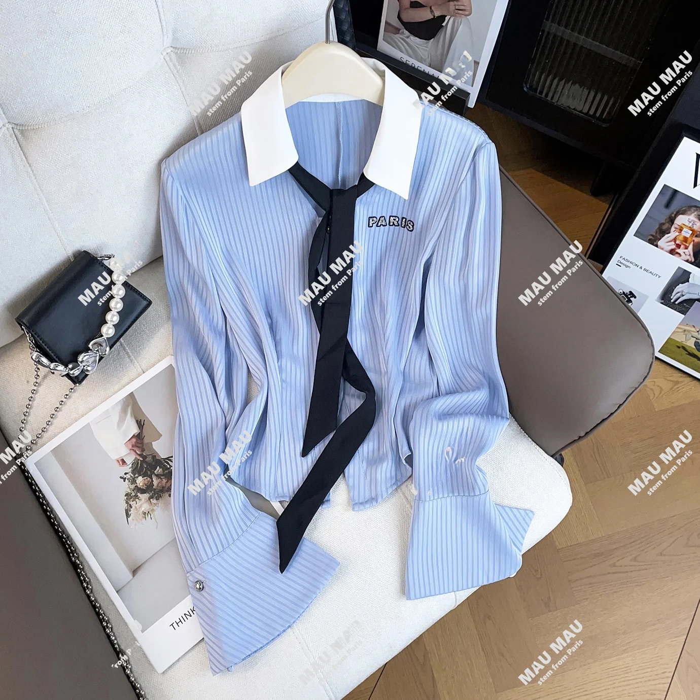 

Элегантная женская рубашка с длинным рукавом в полоску, с воротником-бантом, в стиле колор-блок, осенняя коллекция от Nan You 2025